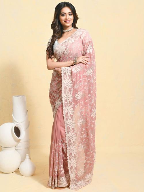 women solid with work embroidered saree with blouse - 21965622 - Standard Image - 0