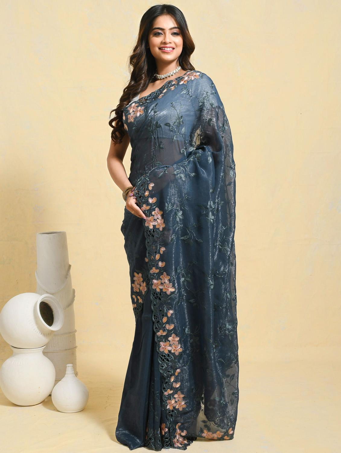 women solid with work embroidered saree with blouse - 21965630 -  Zoom Image - 0