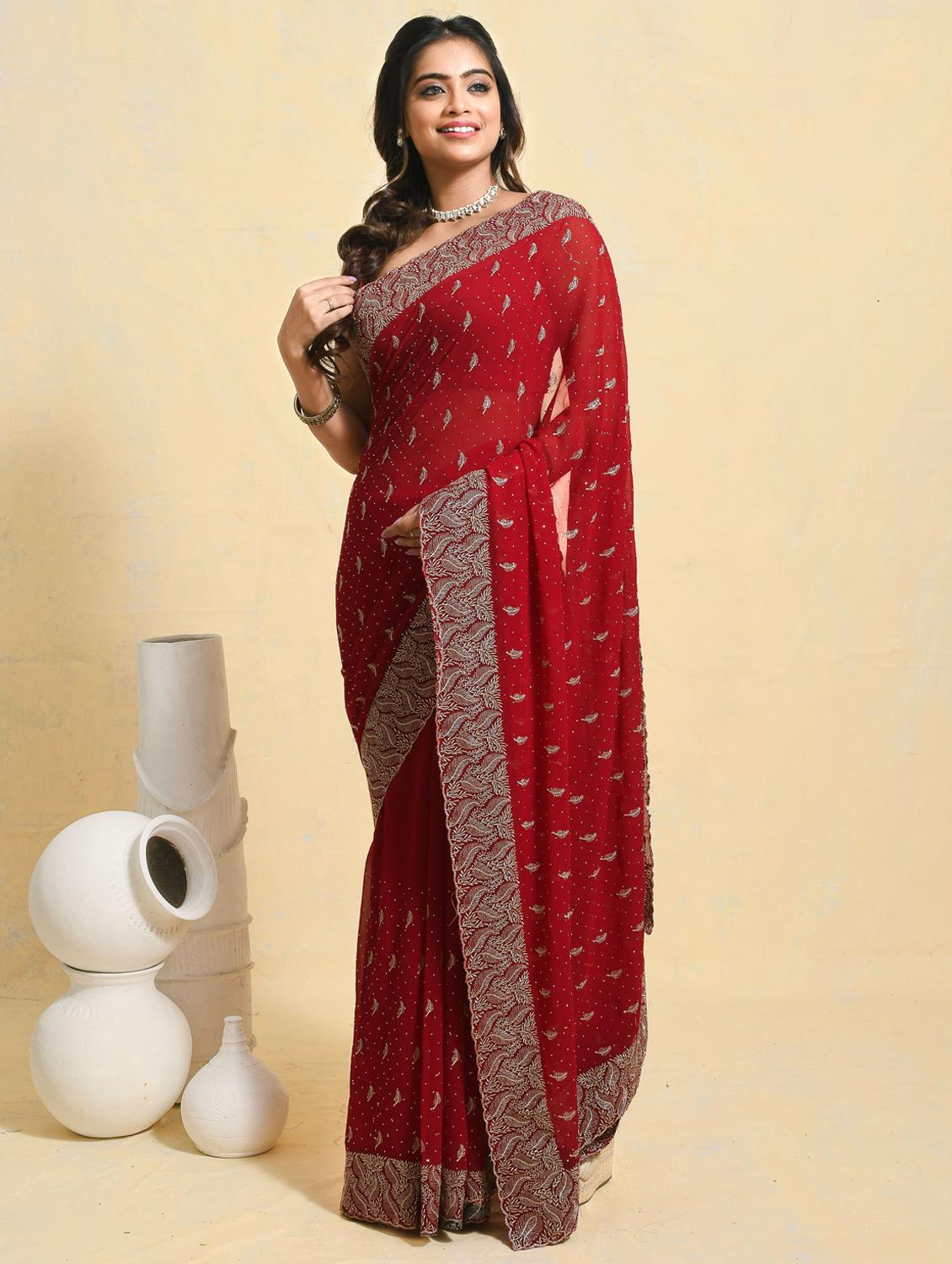 women solid with work embroidered saree with blouse - 21965638 -  Zoom Image - 0