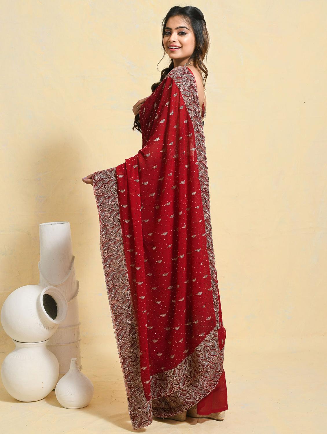women solid with work embroidered saree with blouse - 21965638 - Standard Image - 3