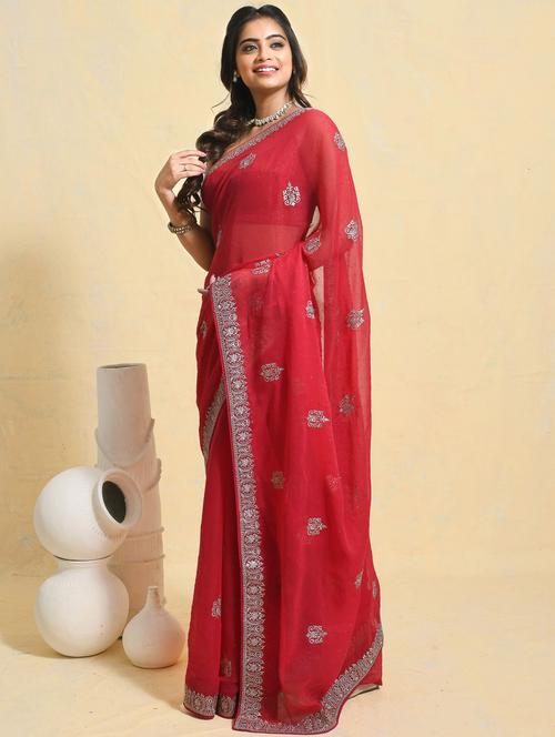 women solid with work embroidered saree with blouse - 21965640 - Standard Image - 0