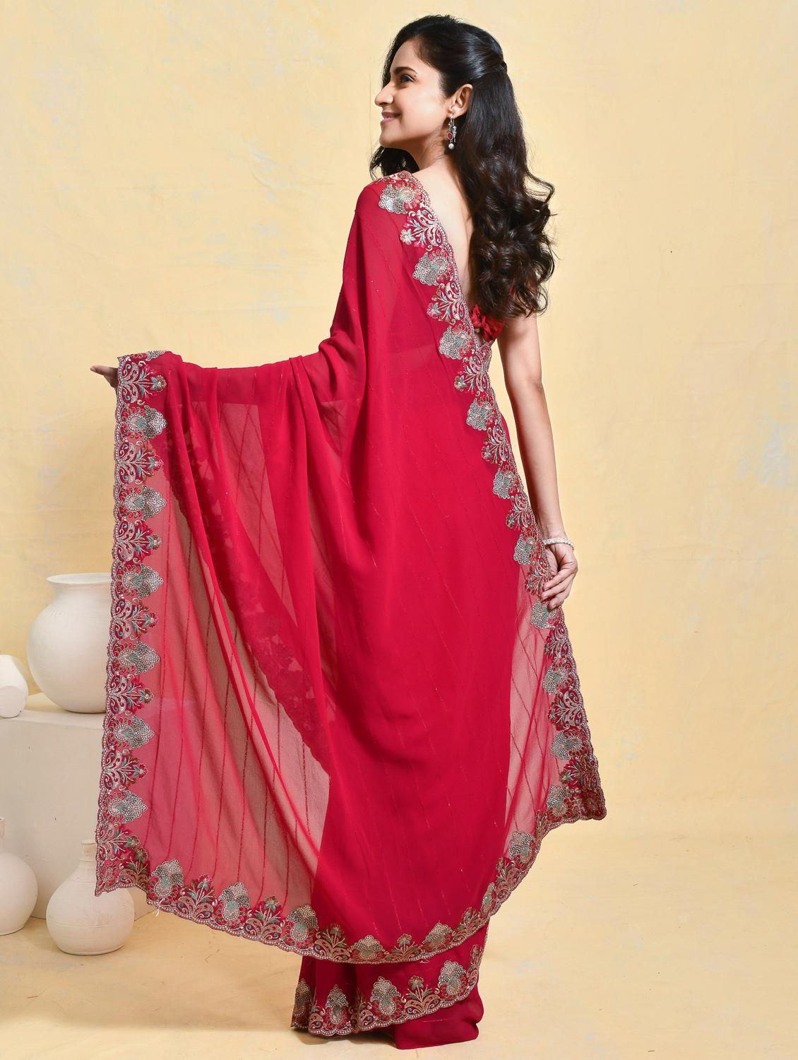 women solid with bordered saree with blouse - 21965641 - Standard Image - 3