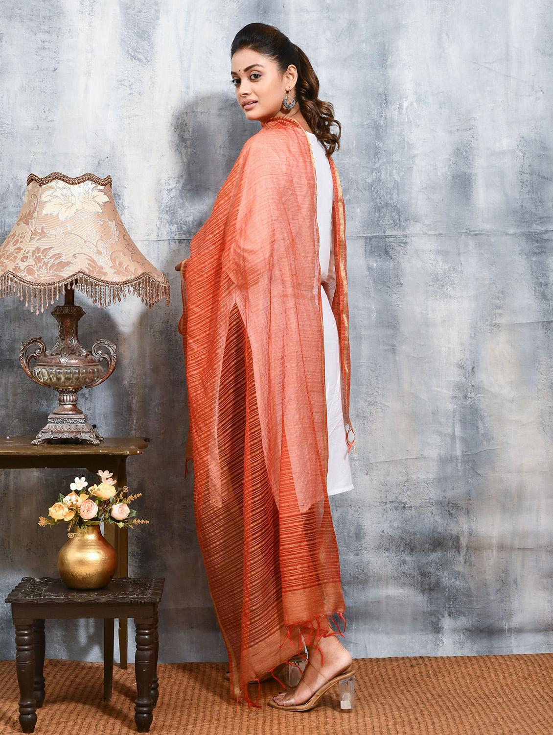 women orange striped dupatta - 21965735 - Standard Image - 3