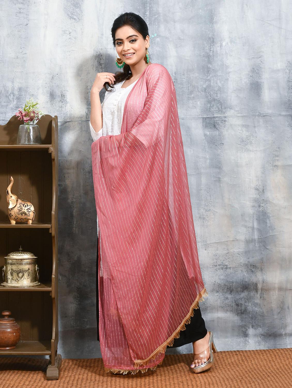women pink striped dupatta - 21965787 - Standard Image - 3
