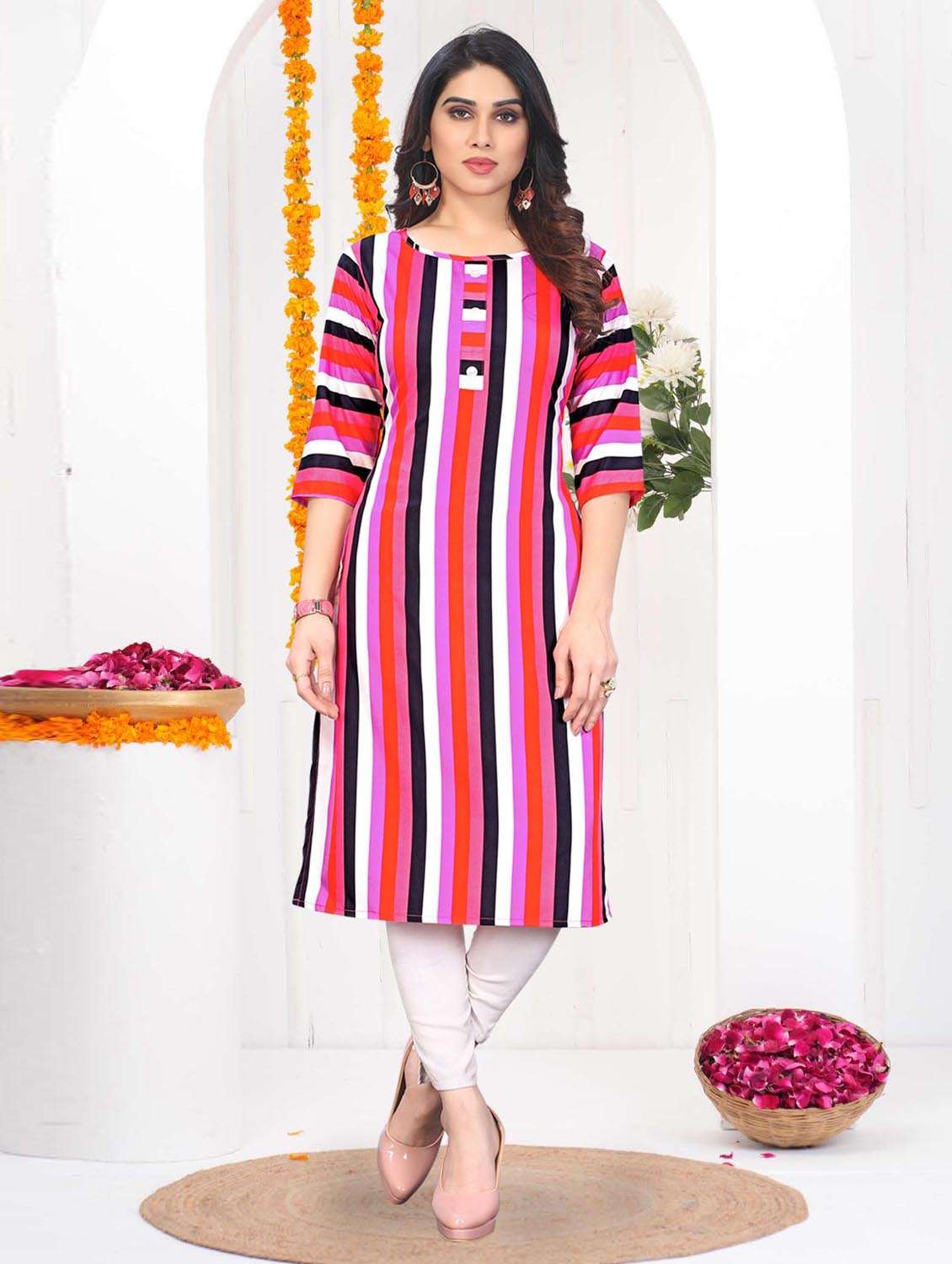 women striped three quarter sleeve straight kurta