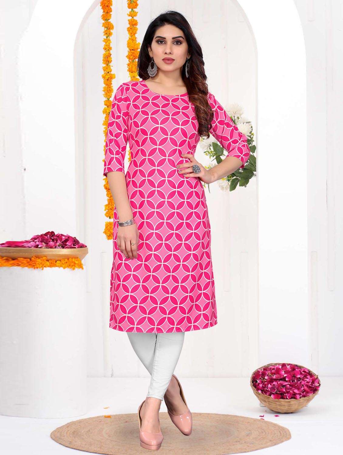 women printed three quarter sleeve straight kurta