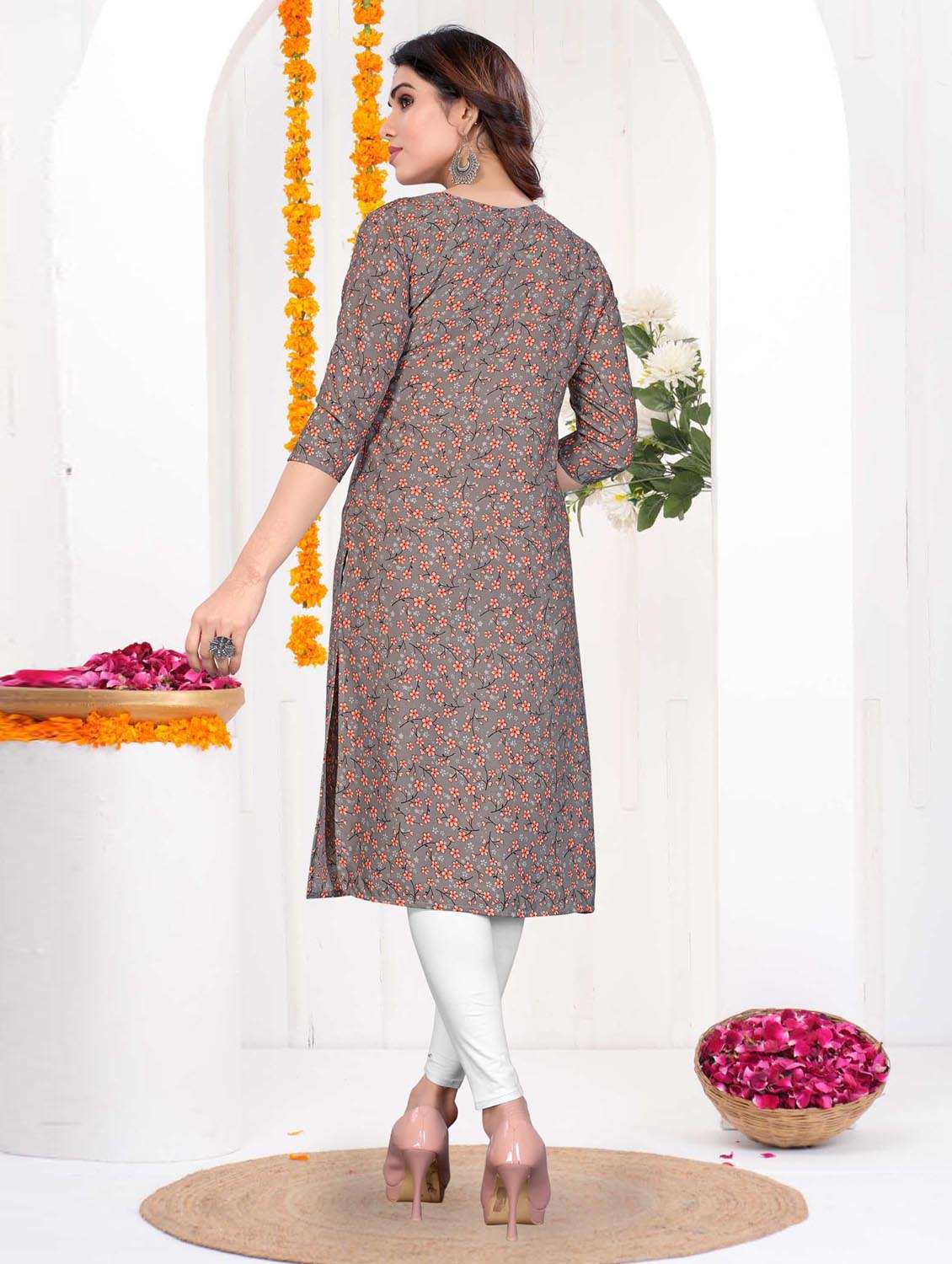 women printed three quarter sleeve straight kurta - 21965894 -  Standard Image - 3