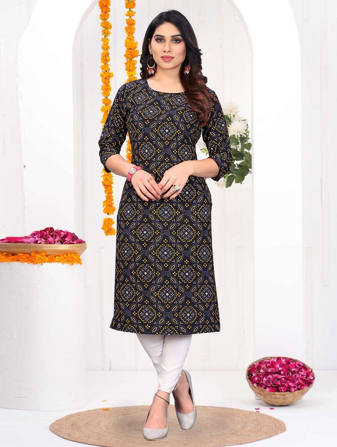 women printed three quarter sleeve straight kurta