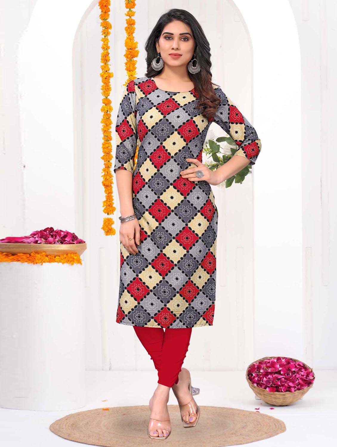 women printed three quarter sleeve straight kurta