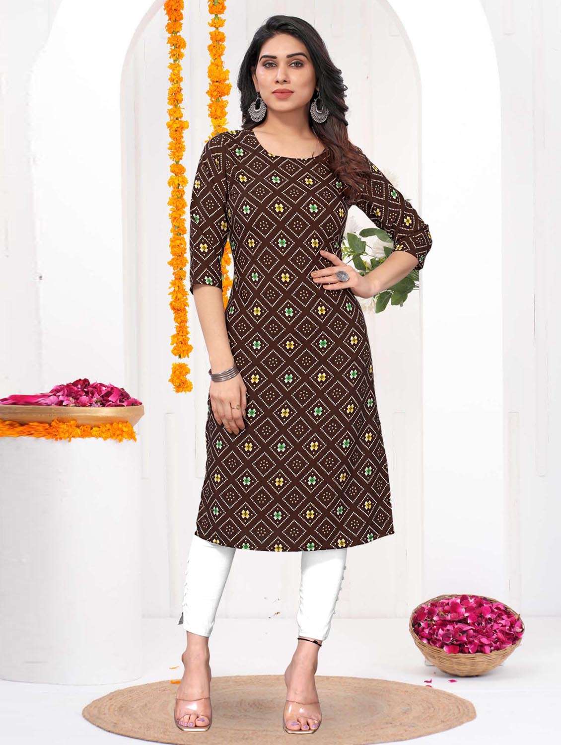 women printed three quarter sleeve straight kurta