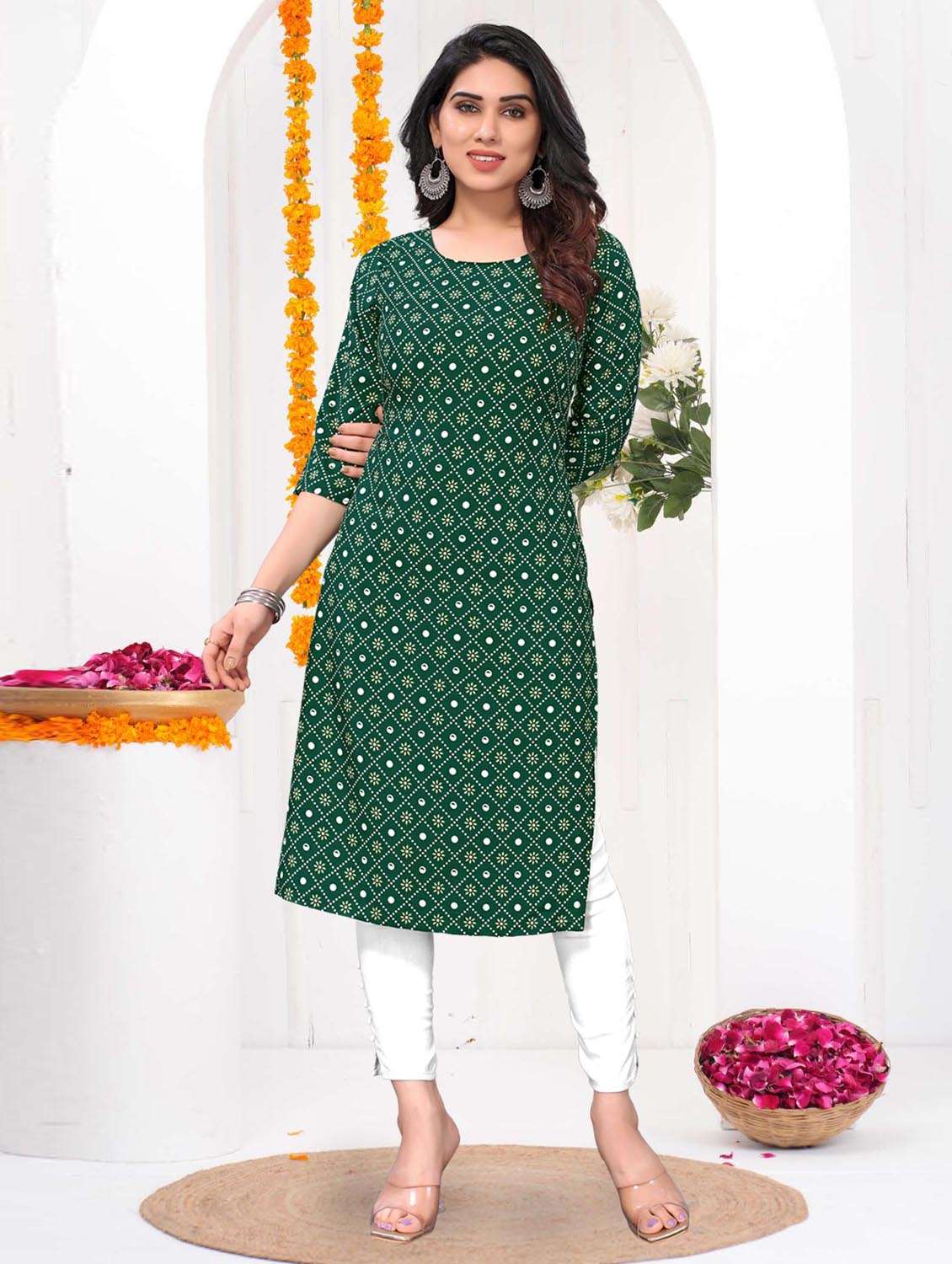 women printed three quarter sleeve straight kurta