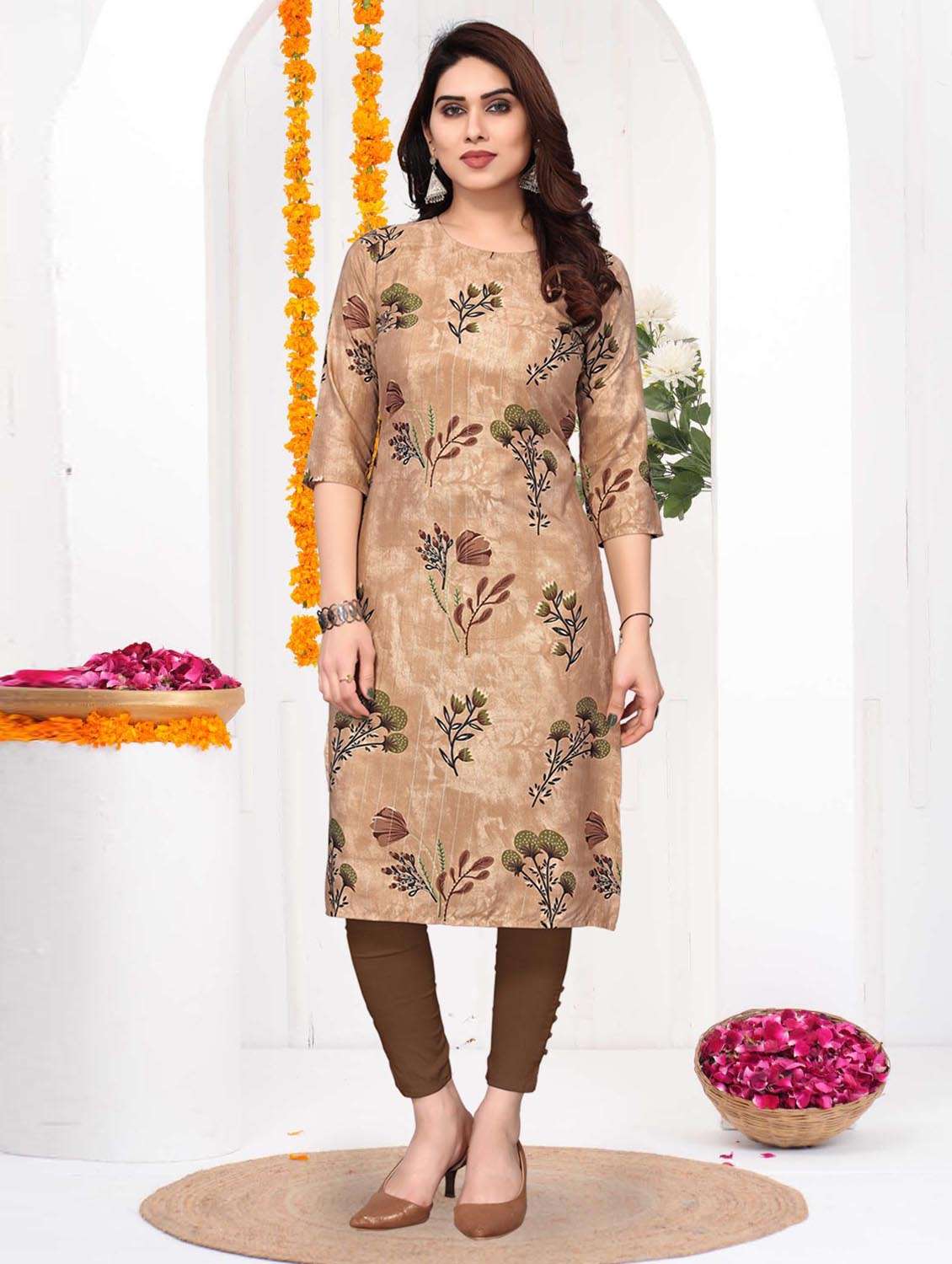 women printed three quarter sleeve straight kurta