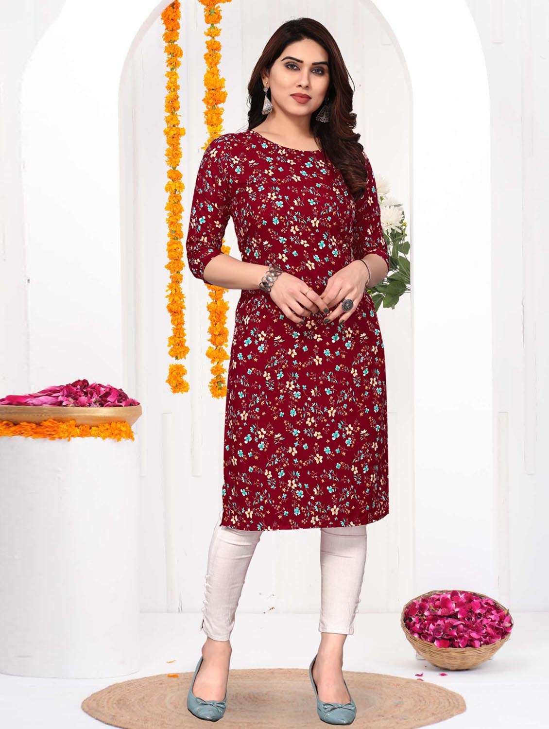 women printed three quarter sleeve straight kurta