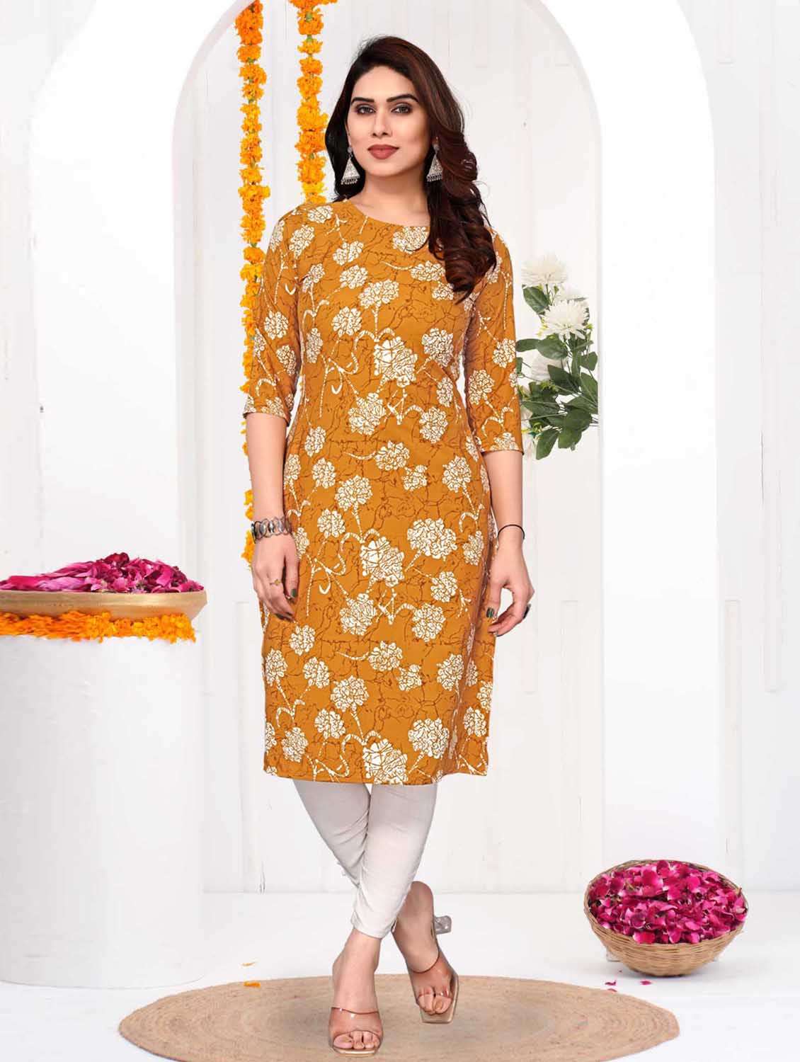 women printed three quarter sleeve straight kurta