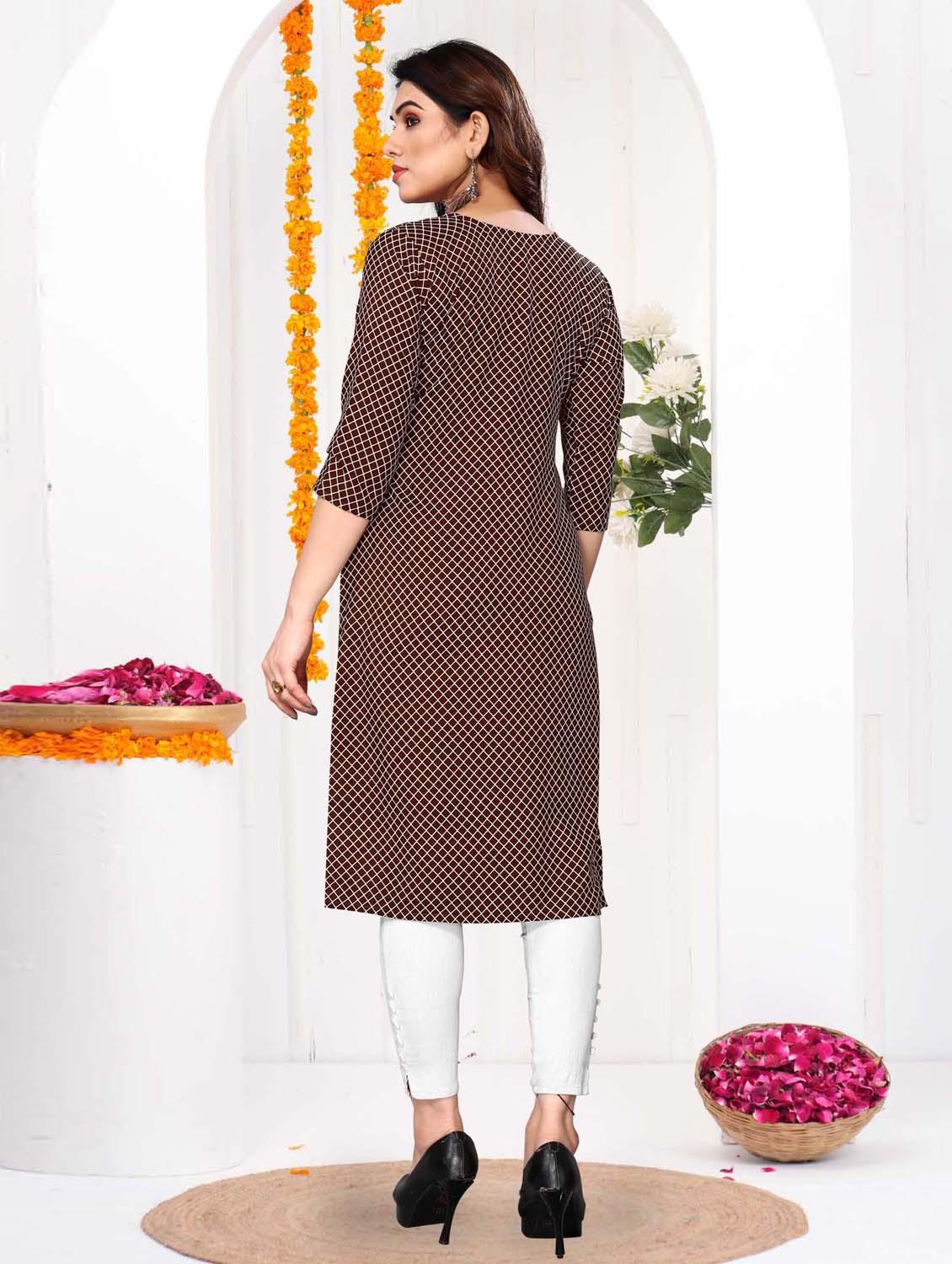 women checkered three quarter sleeve straight kurta - 21965933 - Standard Image - 3