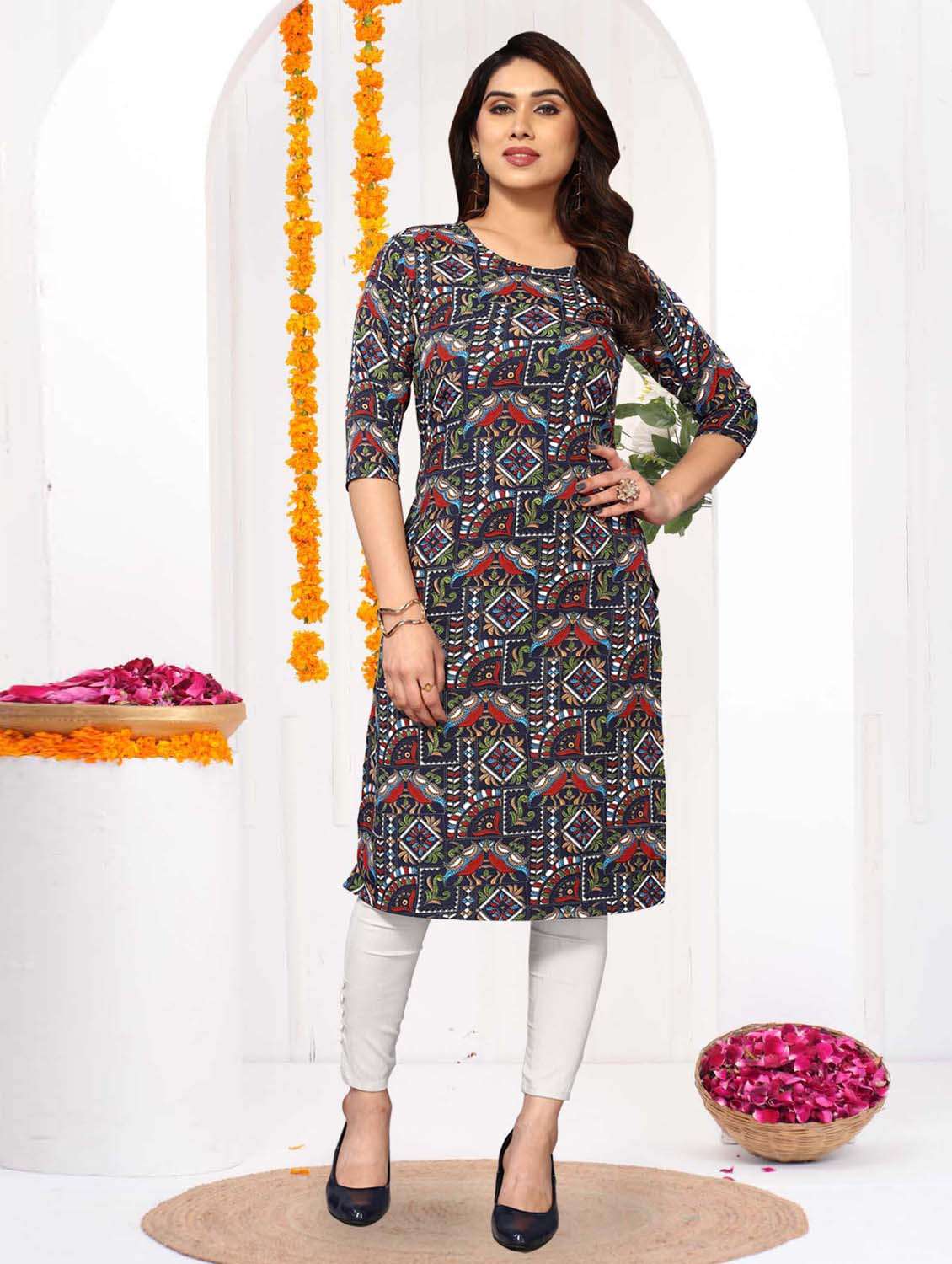 women printed three quarter sleeve straight kurta