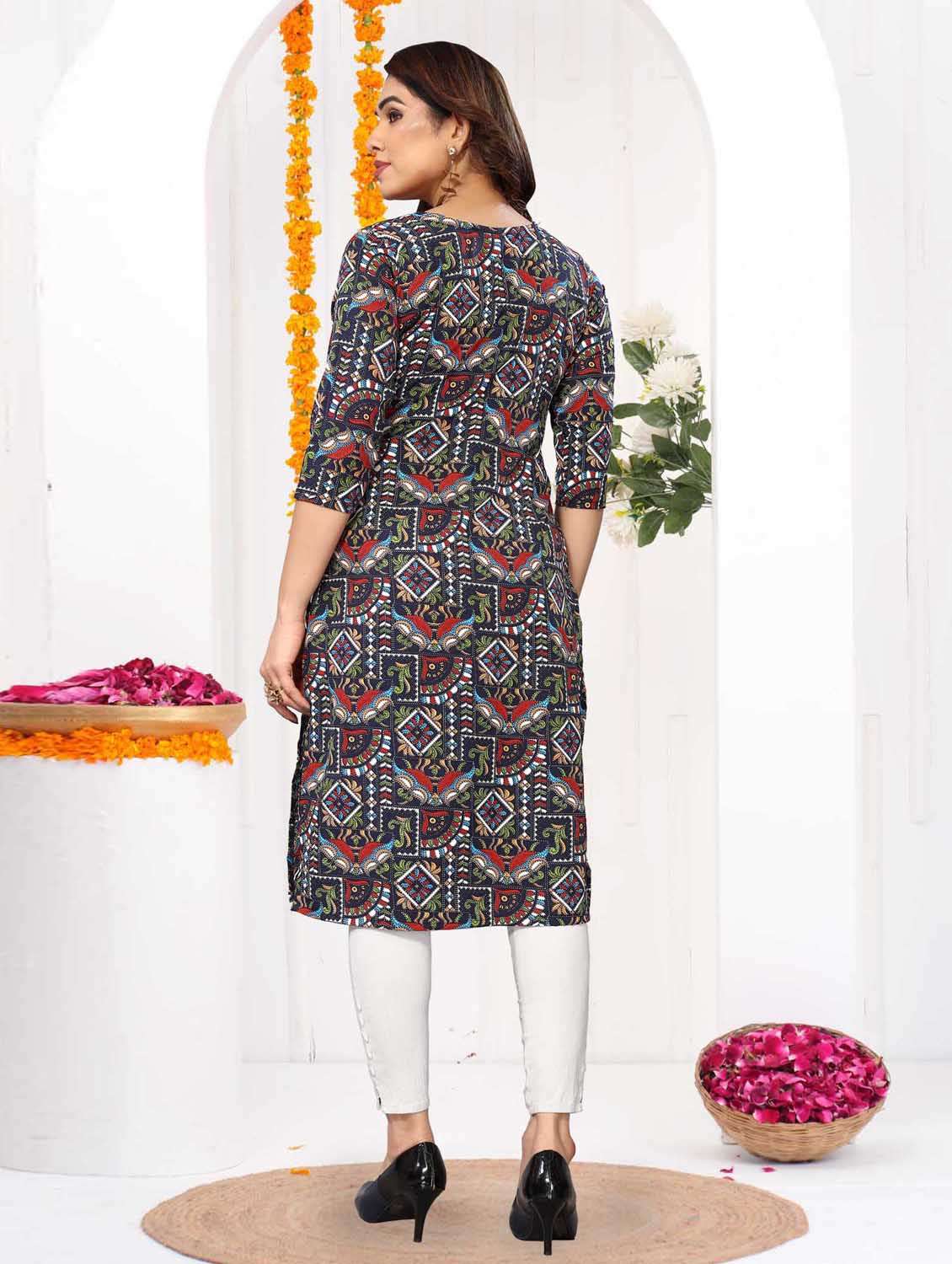women printed three quarter sleeve straight kurta - 21965935 -  Standard Image - 3