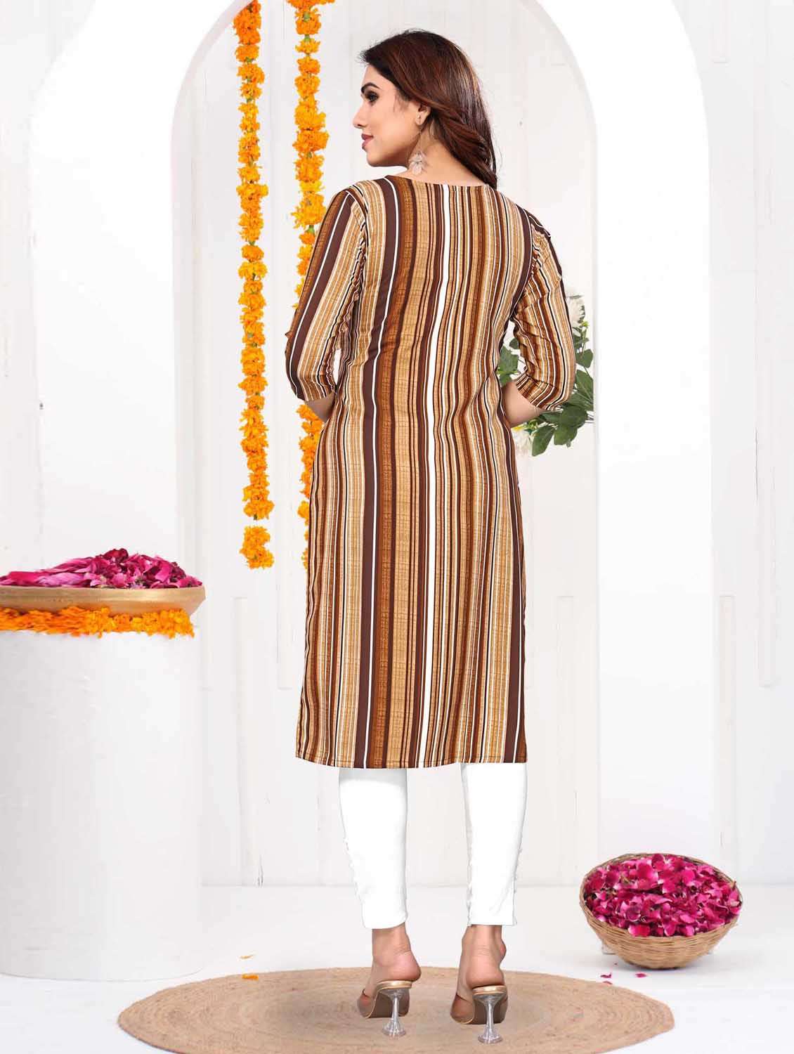 women striped three quarter sleeve straight kurta - 21965940 -  Standard Image - 3
