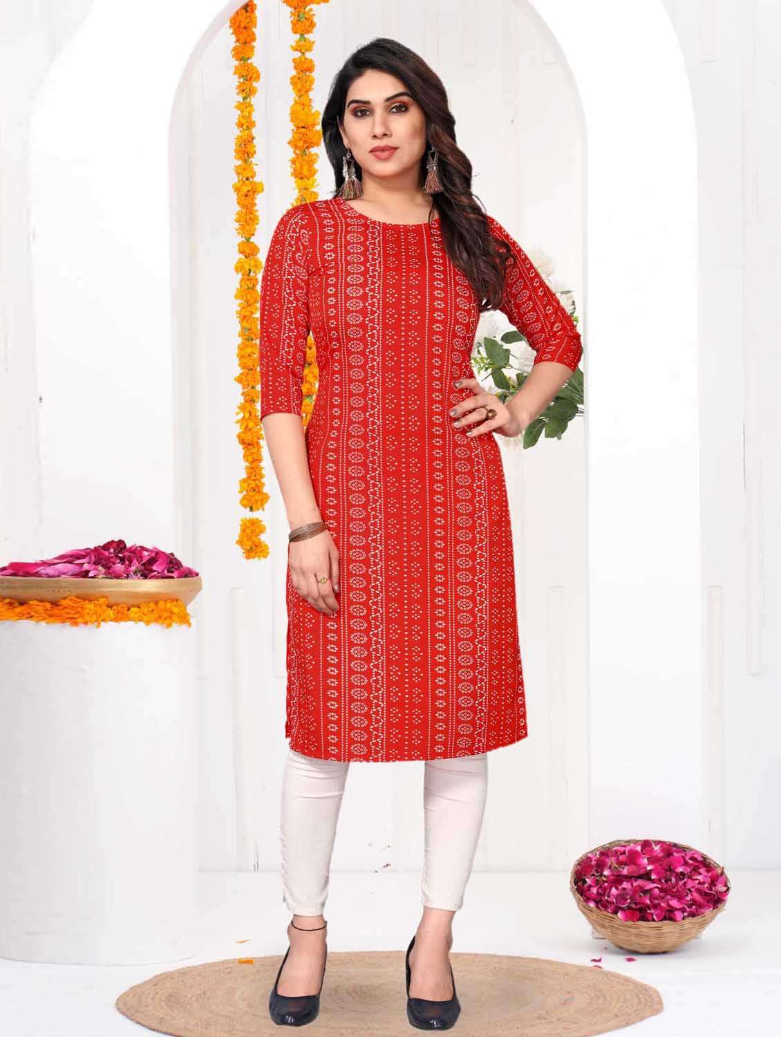 women printed three quarter sleeve straight kurta
