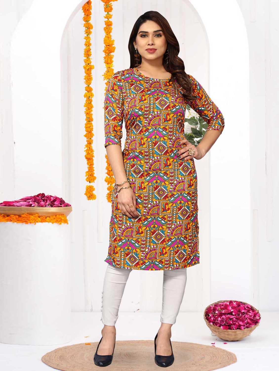 women printed three quarter sleeve straight kurta - 21965945 -  Zoom Image - 0