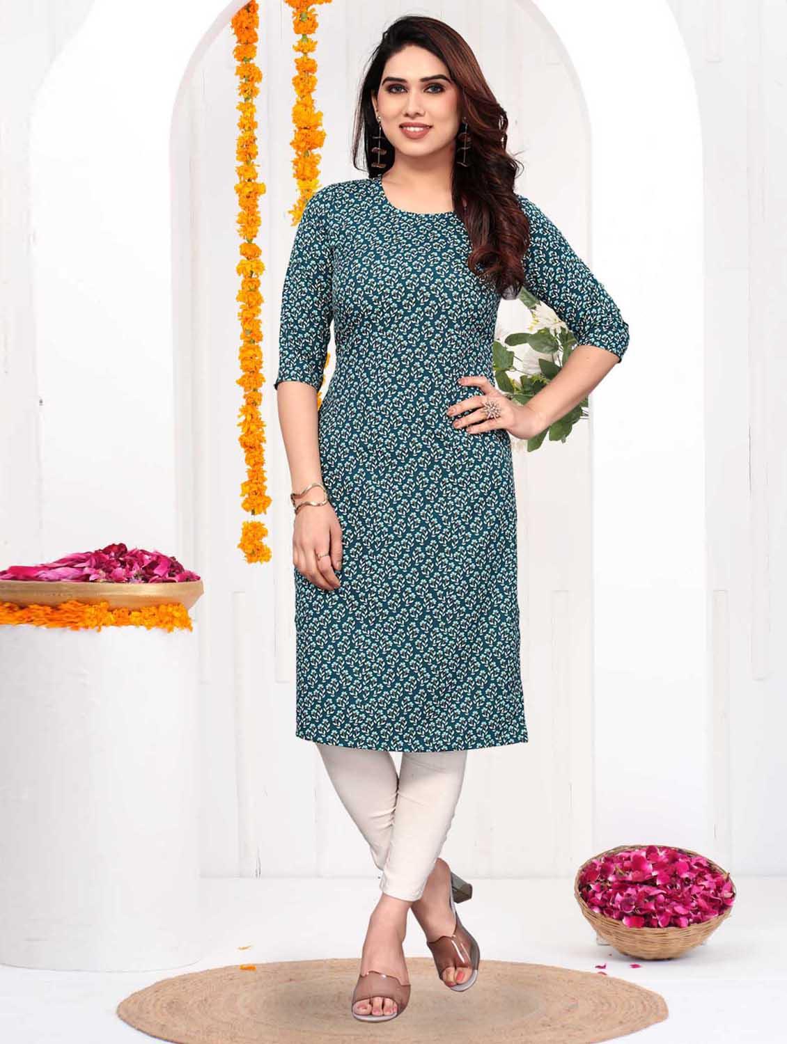 women printed three quarter sleeve straight kurta - 21965946 -  Zoom Image - 0