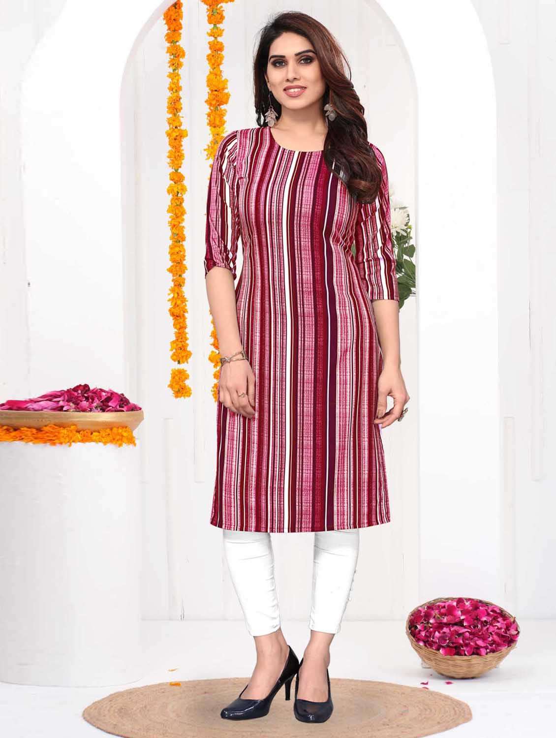 women striped three quarter sleeve straight kurta