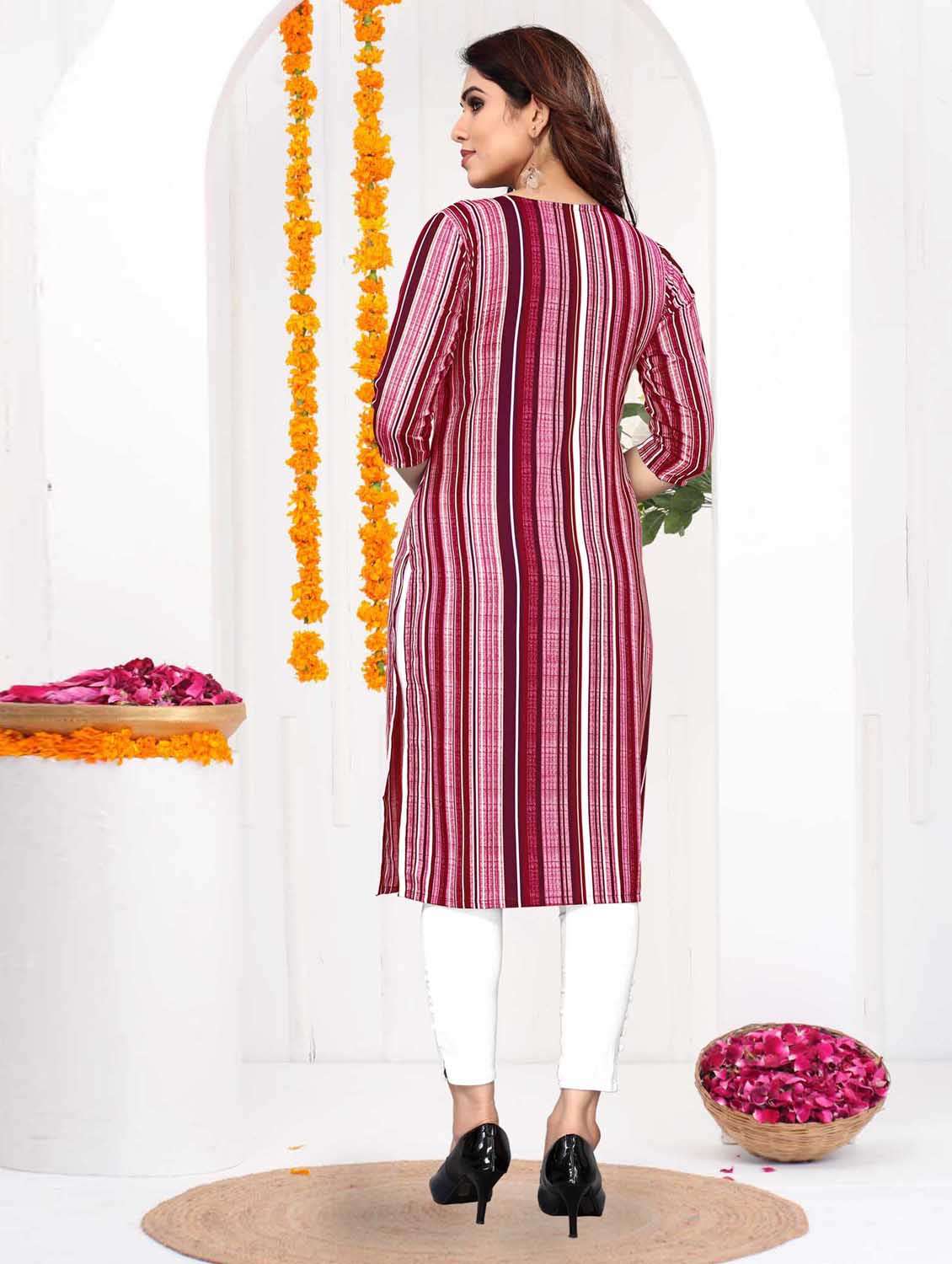 women striped three quarter sleeve straight kurta - 21965950 -  Standard Image - 3