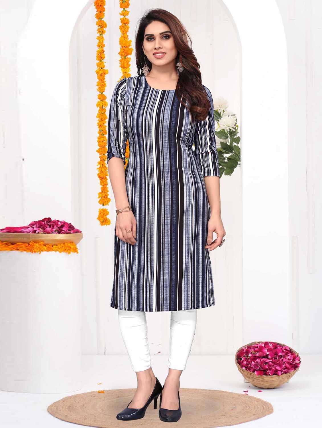women striped three quarter sleeve straight kurta
