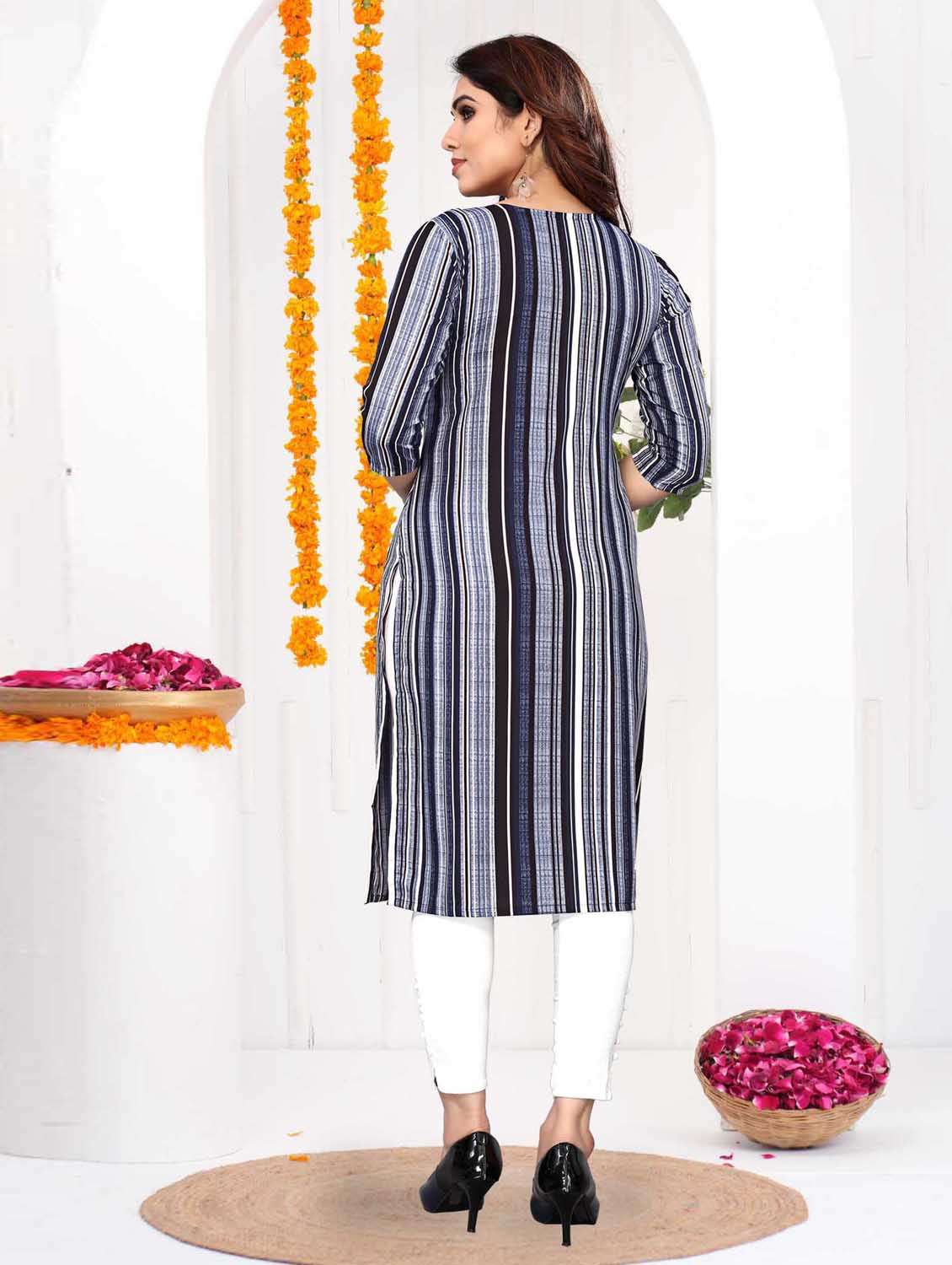 women striped three quarter sleeve straight kurta - 21965960 -  Standard Image - 3