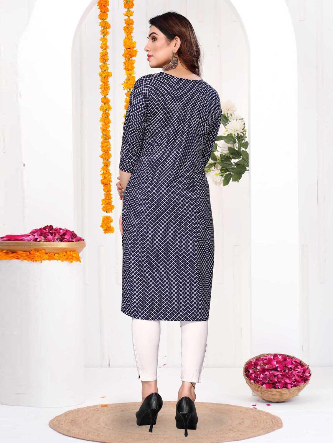women checkered three quarter sleeve straight kurta - 21965963 - Standard Image - 3