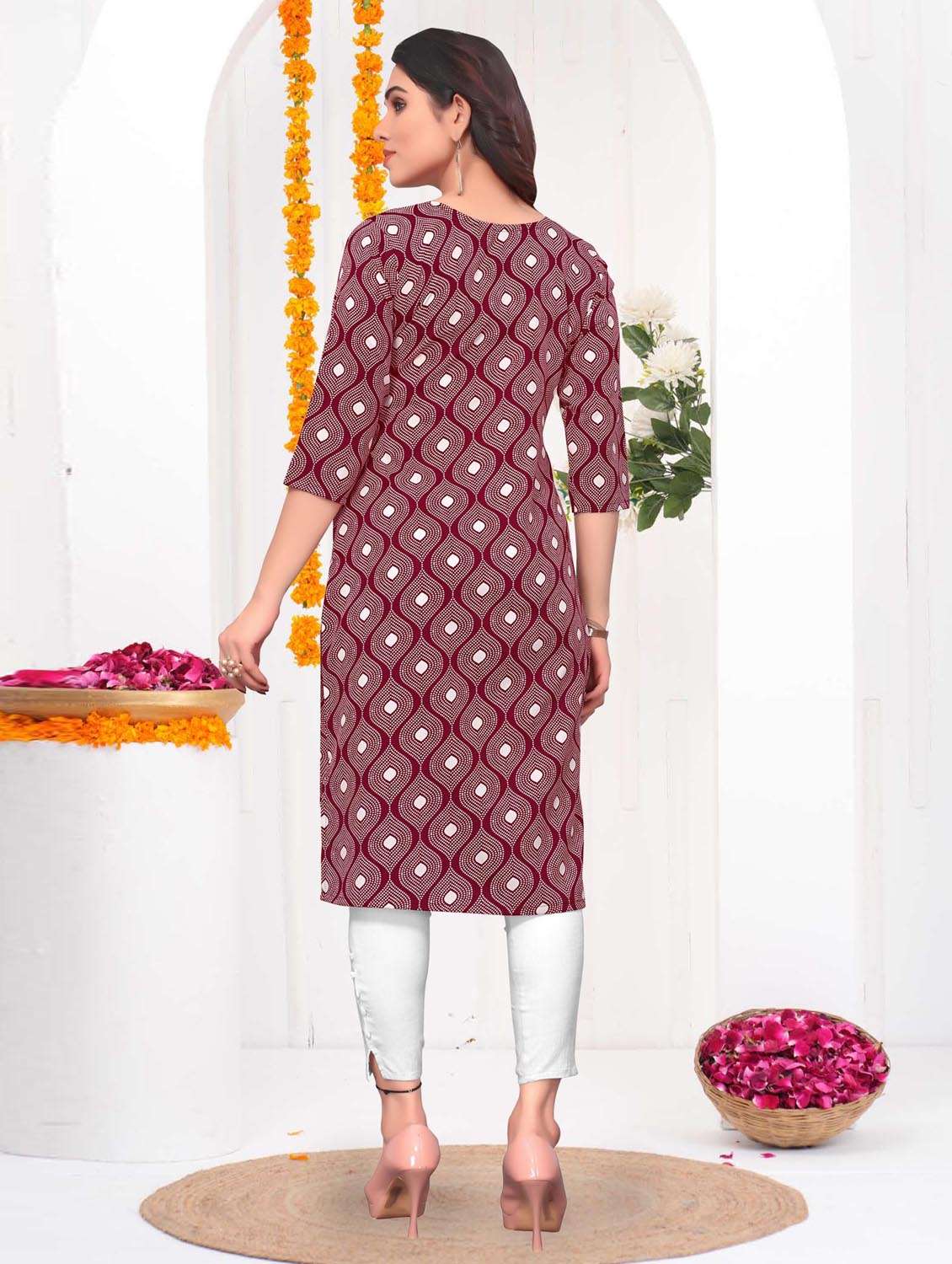 women printed three quarter sleeve straight kurta - 21965977 -  Standard Image - 3