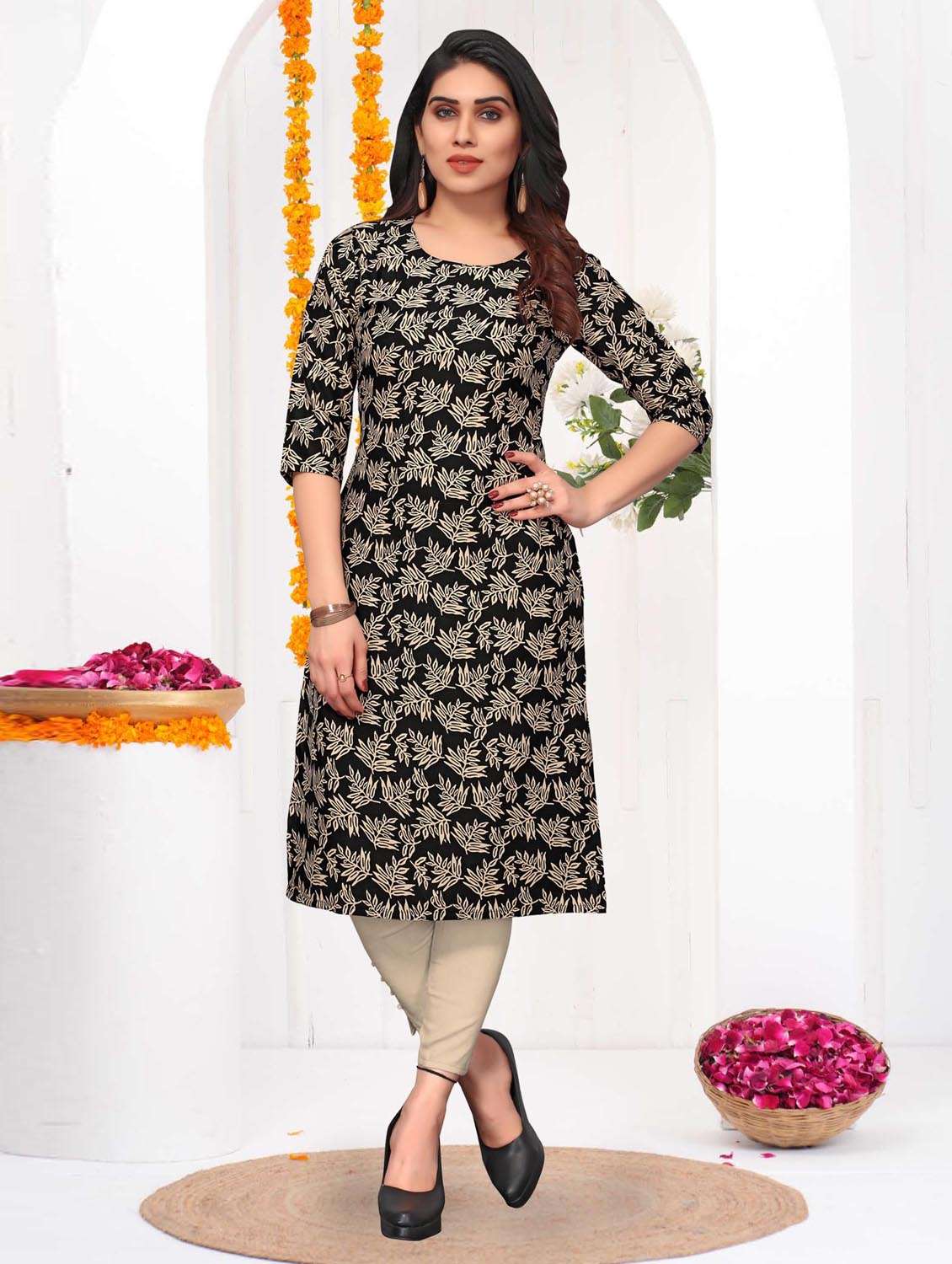 women printed three quarter sleeve straight kurta