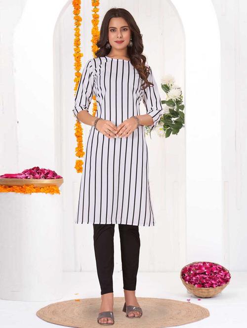 women striped three quarter sleeve straight kurta - 21965981 -  Standard Image - 0