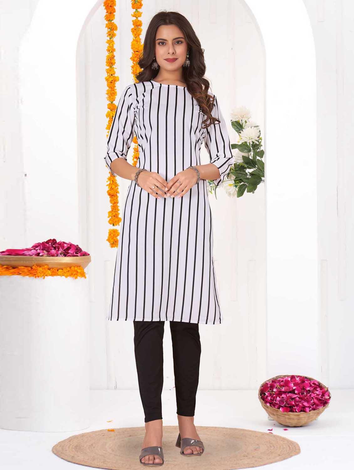 women striped three quarter sleeve straight kurta - 21965981 -  Zoom Image - 0