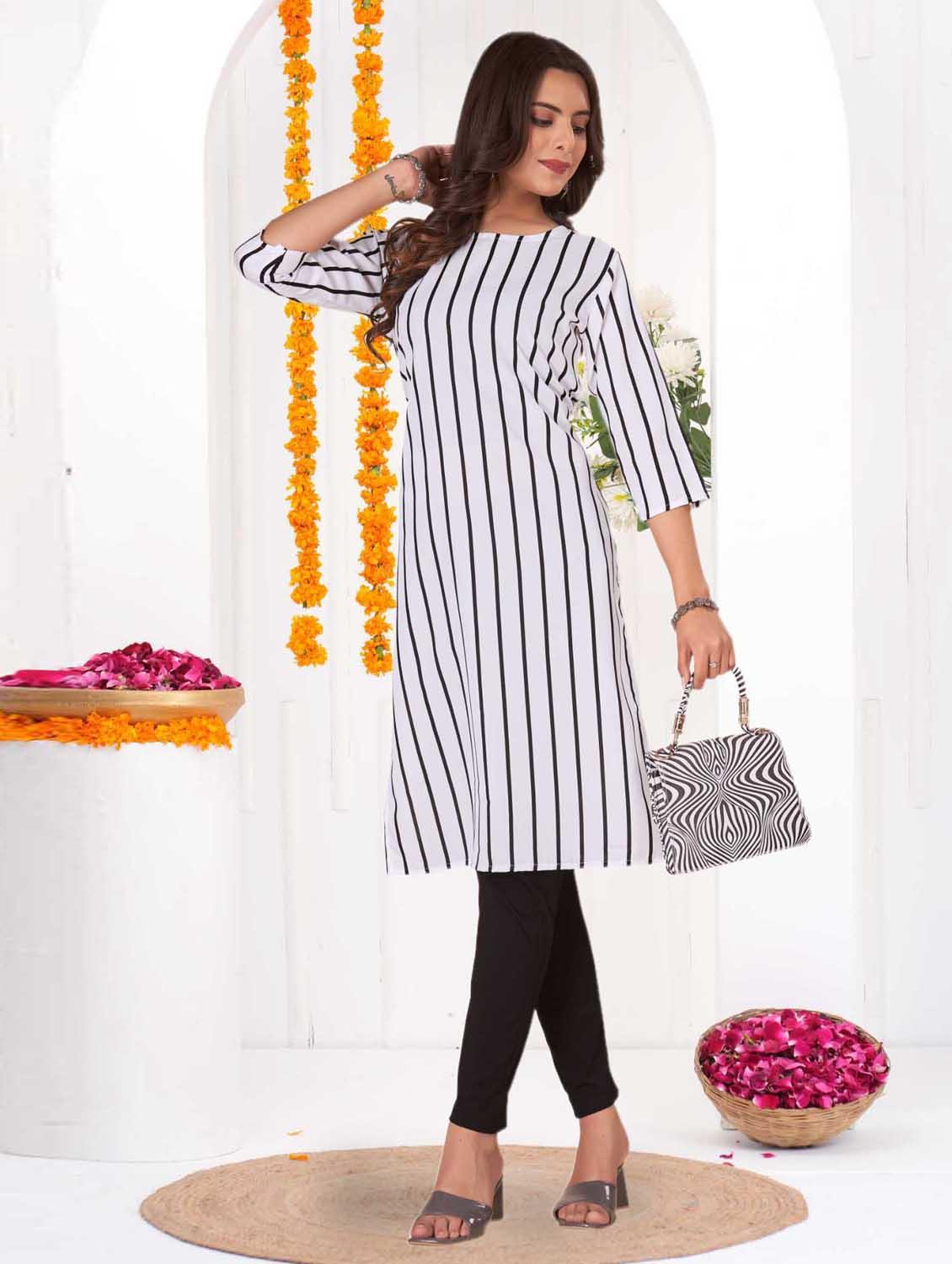 women striped three quarter sleeve straight kurta - 21965981 - Standard Image - 3