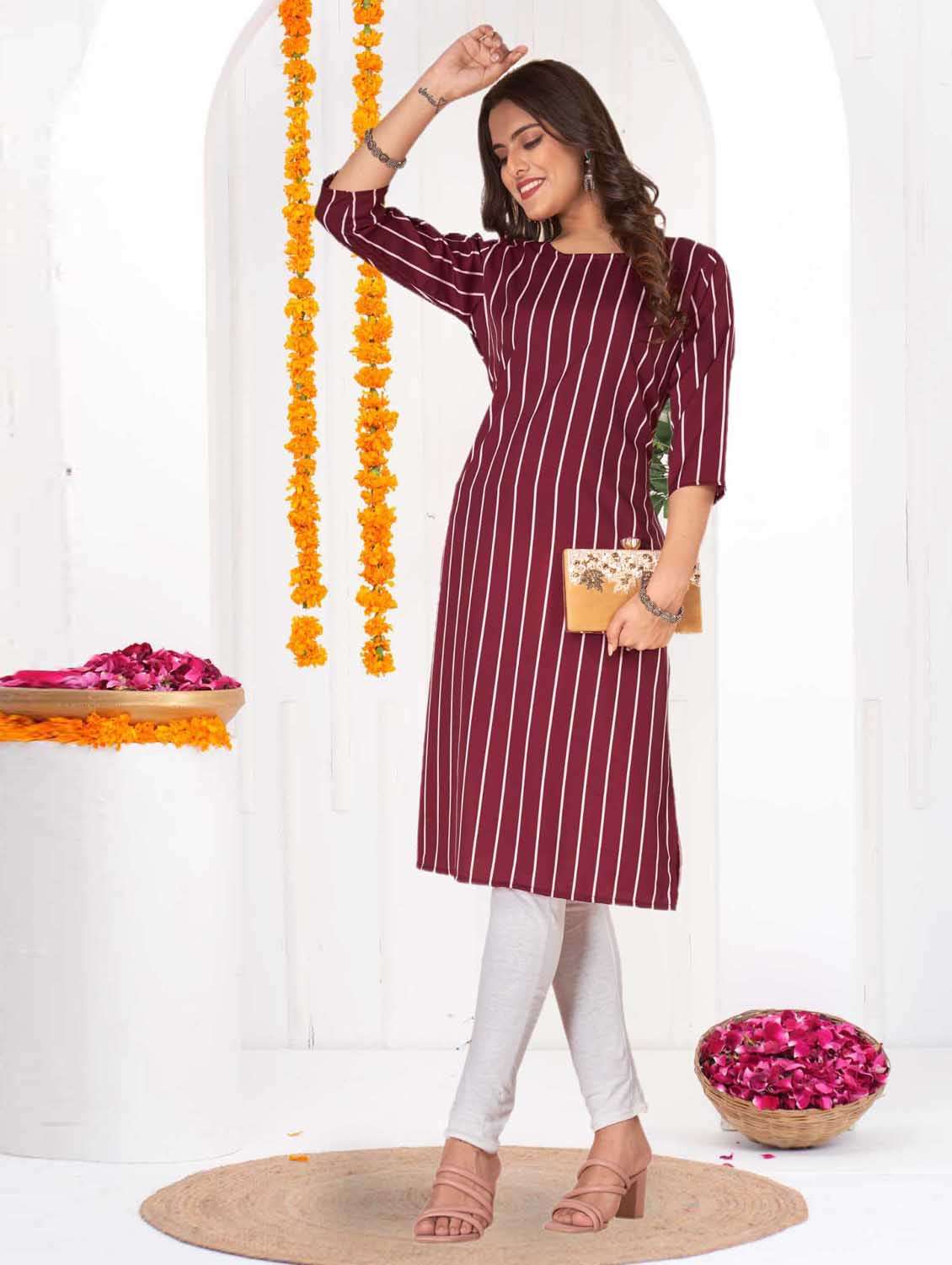 women striped three quarter sleeve straight kurta - 21965982 -  Standard Image - 3