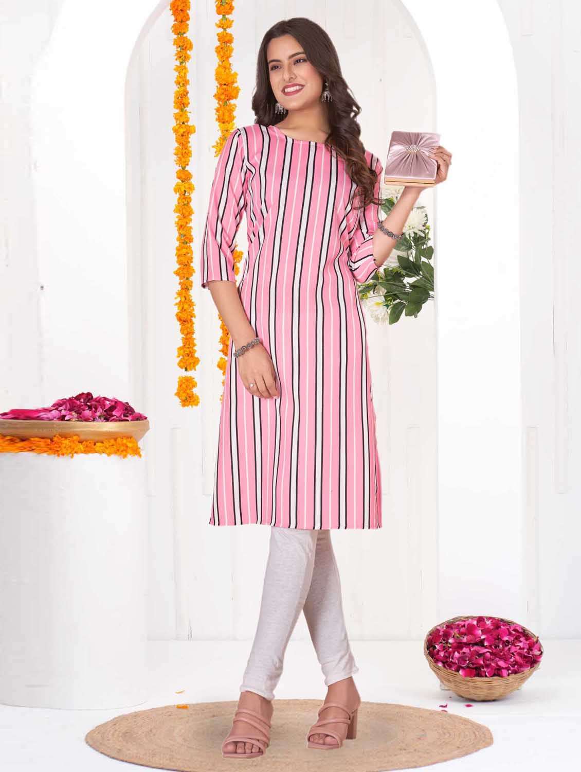 women striped three quarter sleeve straight kurta - 21965983 -  Standard Image - 3