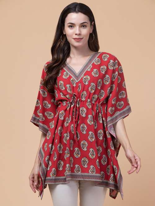 women red printed kimono sleeve kaftan kurti