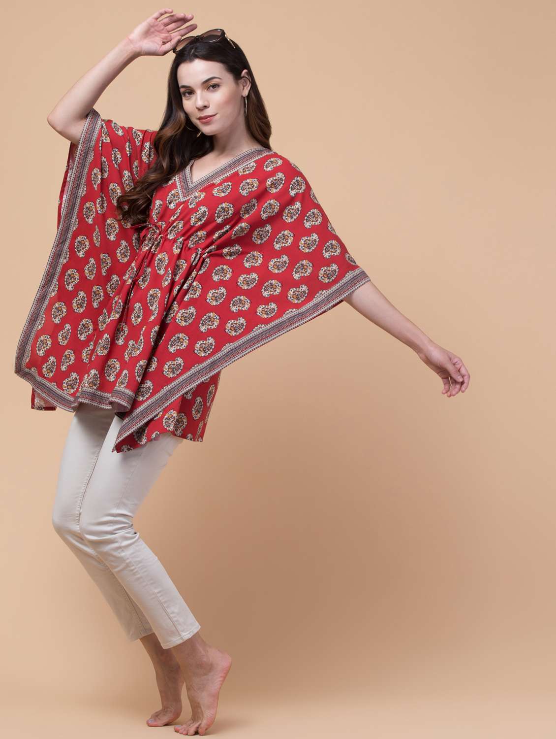 women red printed kimono sleeve kaftan kurti - 21966066 - Standard Image - 3