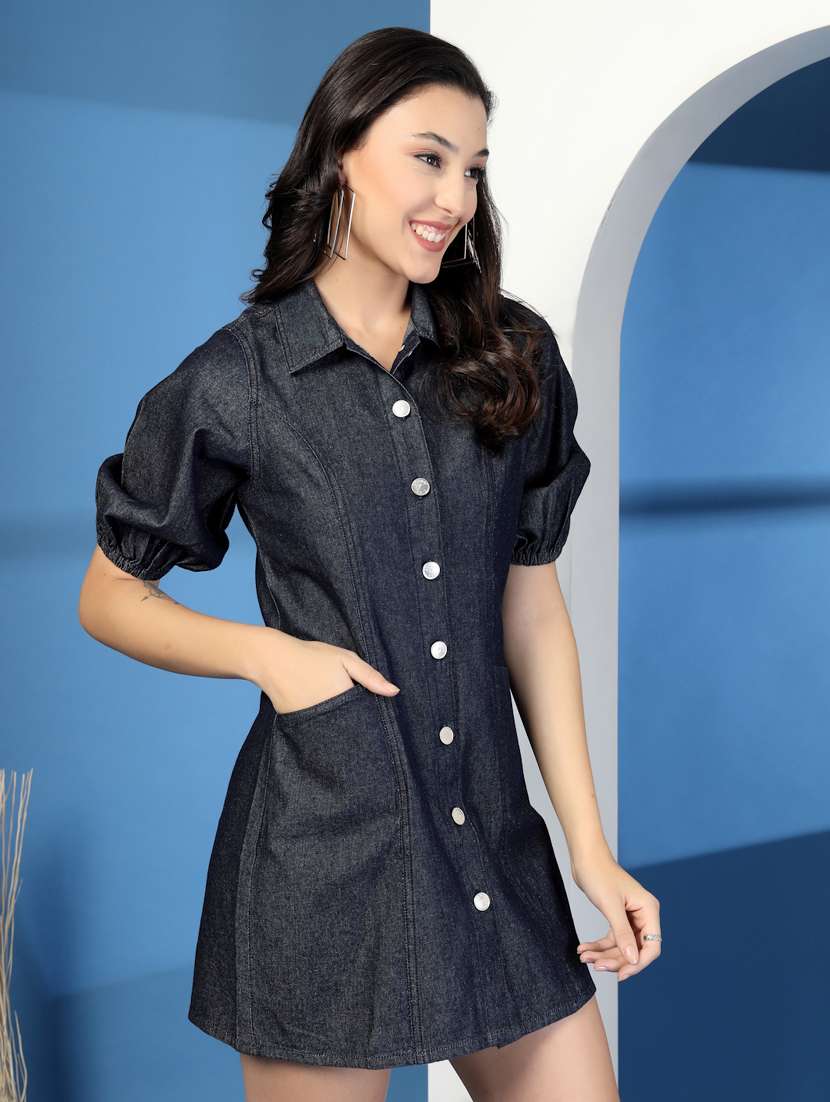 women solid puff sleeve denim shirt dress - 21966095 -  Standard Image - 3