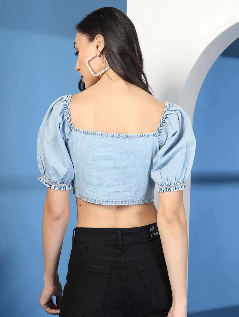women solid puff sleeve denim crop top - 21966148 -  Standard Image - 3