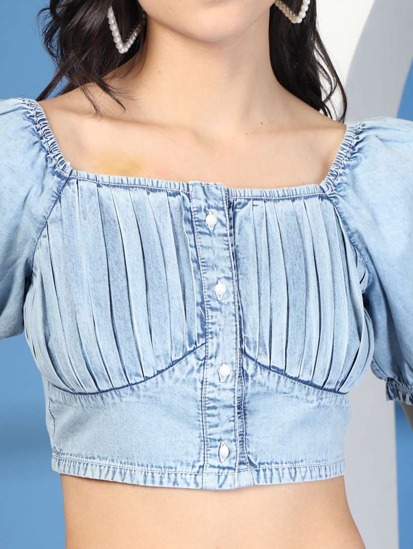 women solid puff sleeve denim crop top - 21966148 -  Standard Image - 5
