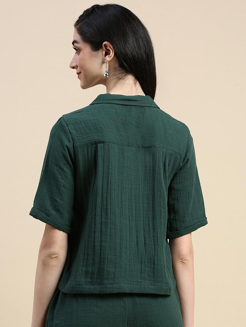 women solid cuban collared short sleeve crop shirt - 21966170 - Standard Image - 3