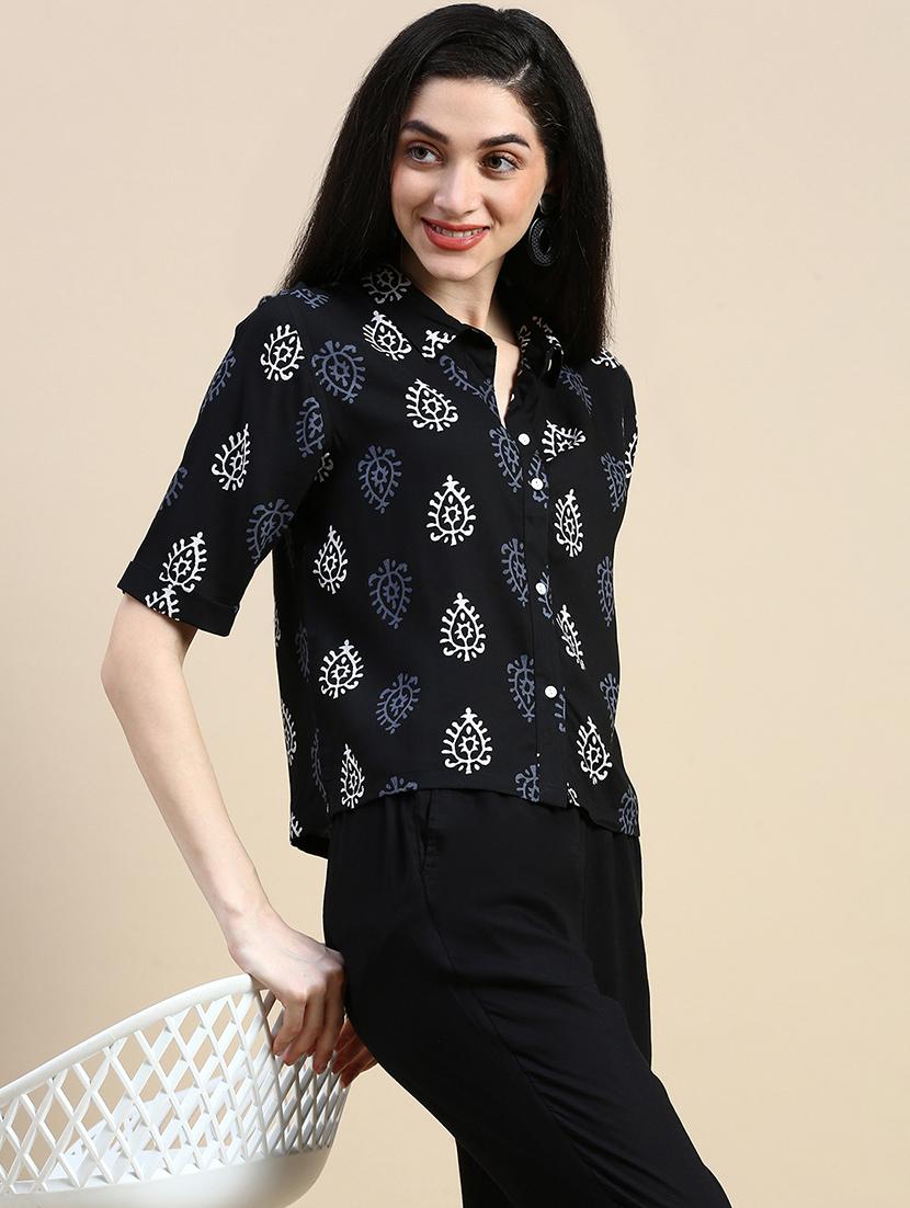 women printed collared short sleeve crop shirt - 21966173 - Zoom Image - 0
