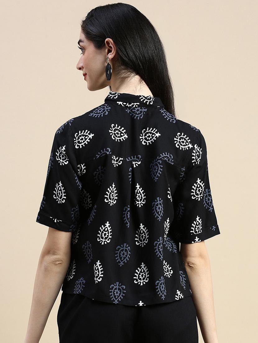 women printed collared short sleeve crop shirt - 21966173 - Standard Image - 3