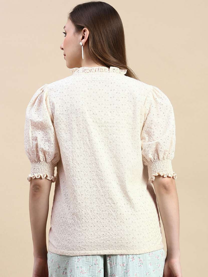 women cream puff sleeve schiffli top - 21966176 -  Standard Image - 3