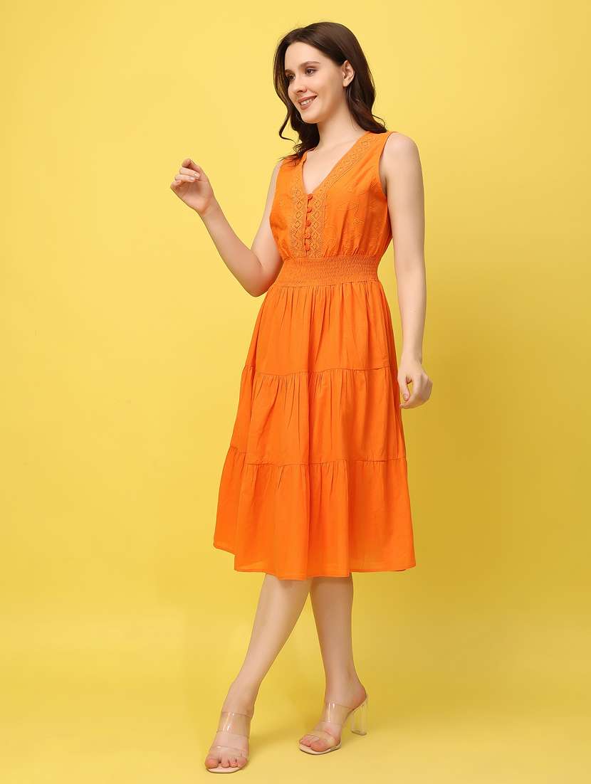 Women Orange Solid Sleeveless Lace Detailed Tiered Dress 