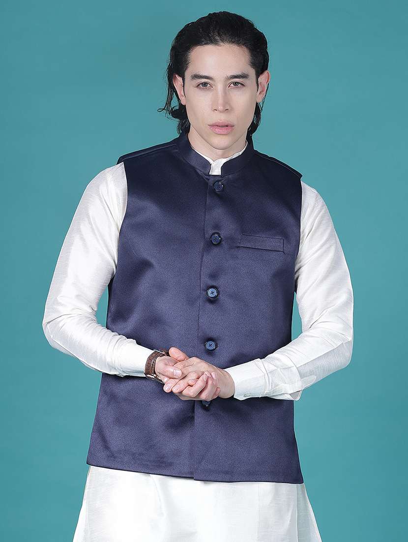 men solid mandarin neck regular fit nehru jacket