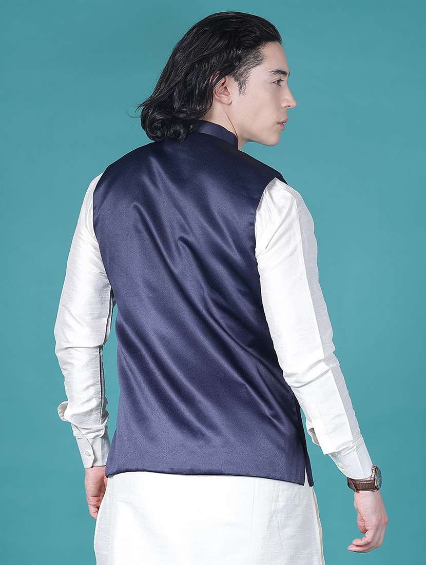 men solid mandarin neck regular fit nehru jacket - 21966339 -  Standard Image - 3