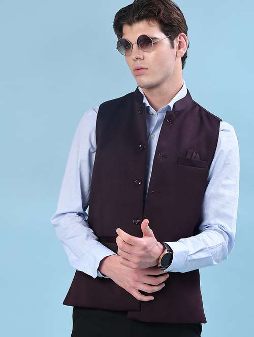 men solid mandarin neck regular fit nehru jacket - 21966341 -  Standard Image - 0